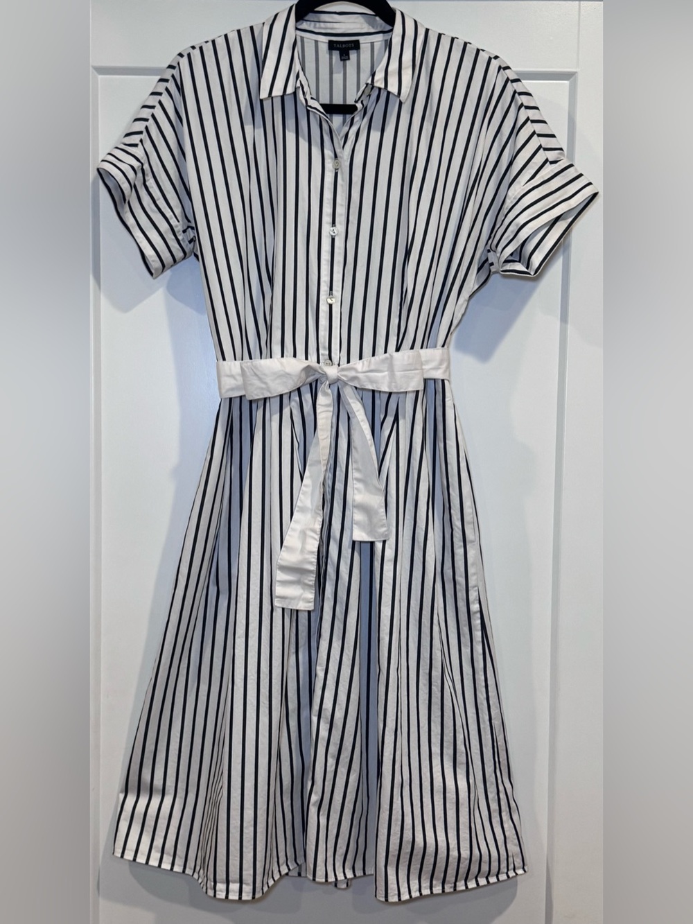 TALBOTS Fit & Flare Midi White Shirt Dress Nautical Stripe w/ Pockets - Size 6